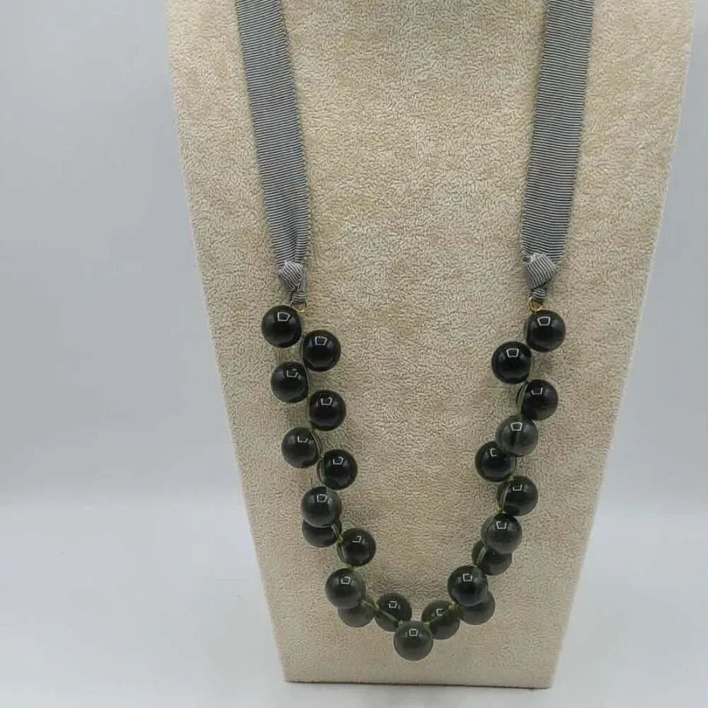 J Crew Gray Glass Beads Ribbon Tie Adjustable Necklace